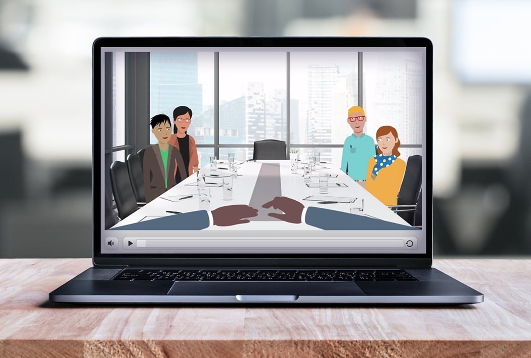 Citation Canada, formerly HRdownloads, training video on a screen of a laptop of animated people sitting in a boardroom