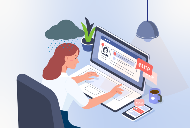 A female is on a laptop with a rain cloud above her, on the laptop, there is a red notification, as well as on the phone beside the laptop