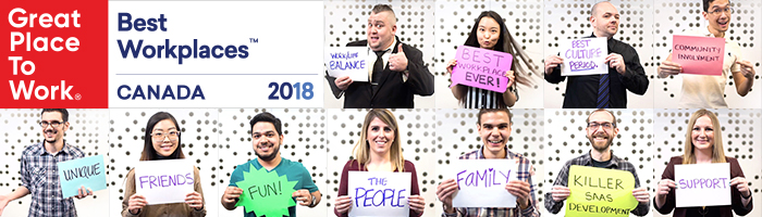 Great Place to Work, Best Workplaces Canada 2018 Logo, with Header of various Citation Canada, formerly HRdownloads, employees holding signs that say, Fun, Unique, Friends, The People, Family, Support, Best Workplace Ever, Worklife Balance
