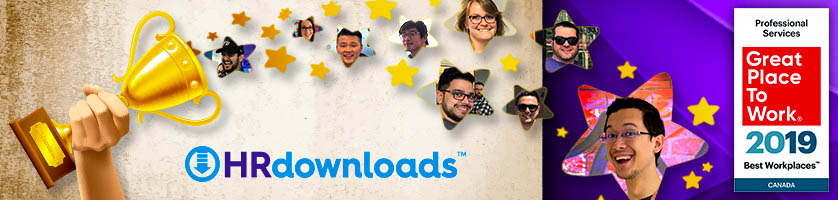 Great Place to Work, Best Workplaces Canada 2019 for Professional Services Logo in Header with Citation Canada, formerly HRdownloads, logo and trophy with stars and employee faces