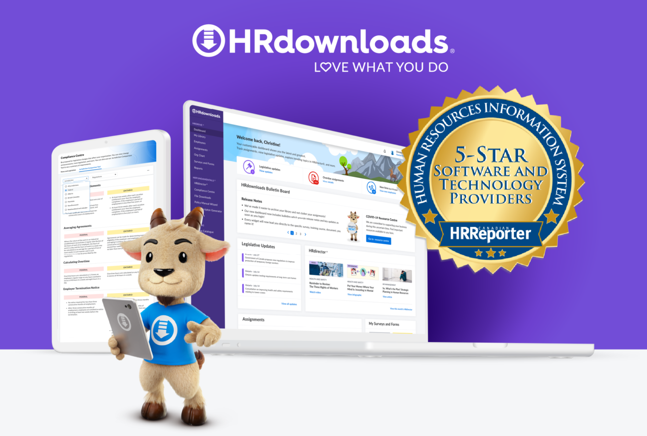 5 Star Software and Technology Providers Award from Canadian HR Reporter Header with Koza, Citation Canada, formerly HRdownloads, logo and computer and tablet with screen shot of Citation Canada, formerly HRdownloads, software