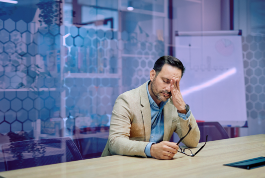 Workplace mental health has taken its toll, as an employee sits at a table in a board room alone, looking stressed.