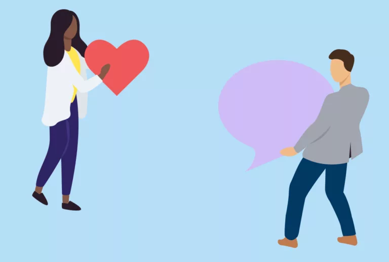 Two cartoon images, one is holding a heart and one is holding a comment bubble