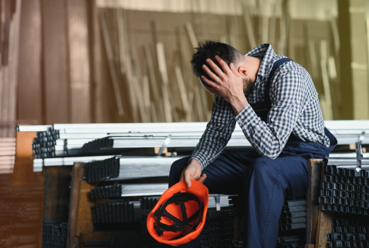 A tired looking employee is sitting on a worksite, their hard hat is in their hand and they are at risk of fatigue-related injuries