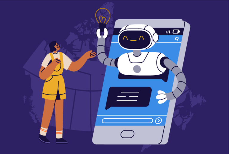 Robot emerges from a phone screen holding a lightbulb to a girl outside of the phone. A map of Canada in the background.