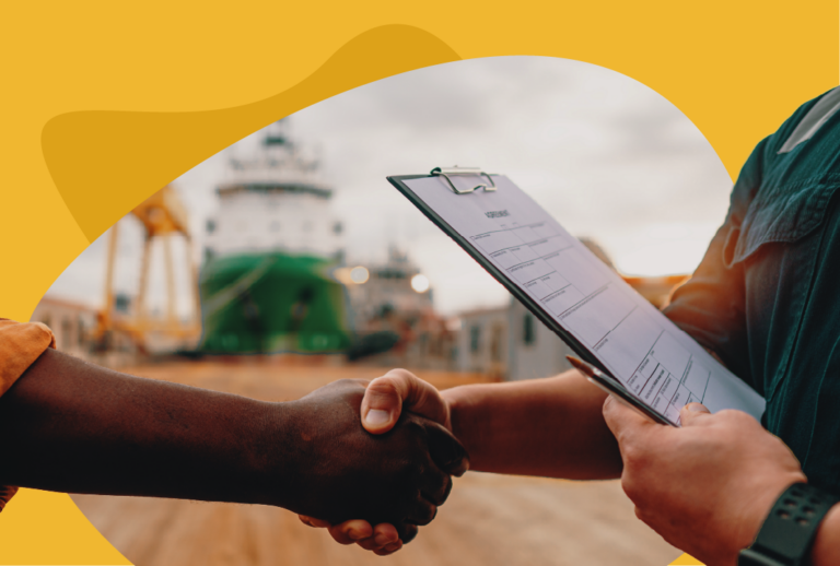 Person holding a clipboard shaking hands with an employee or contractor on a dock.