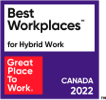 an employee sitting at a desk and another employee sitting on the desk with a coffee  flirting with one another