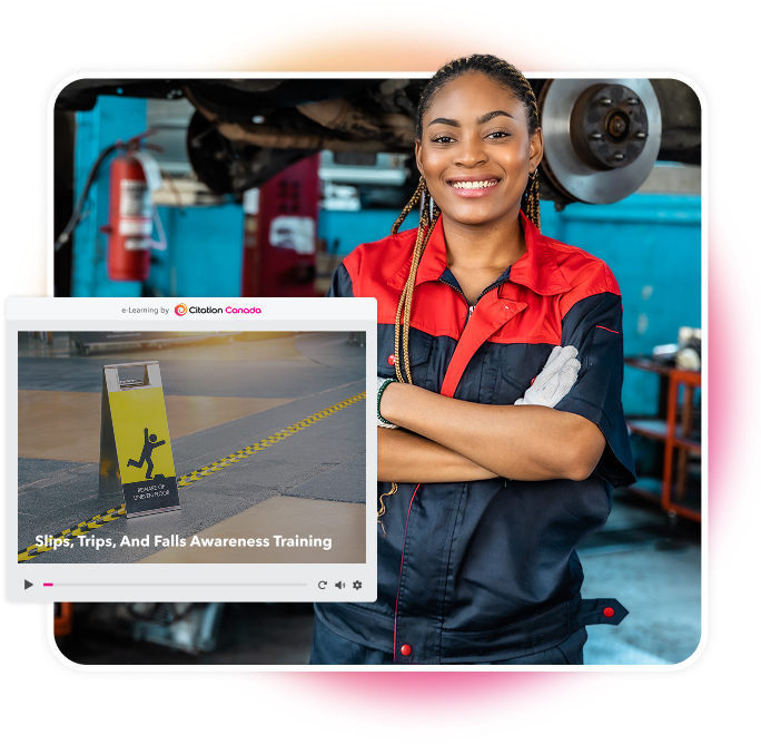 Image of a woman smiling in a mechanic workshop. Media player of Slips, Trips and Falls Awareness training.