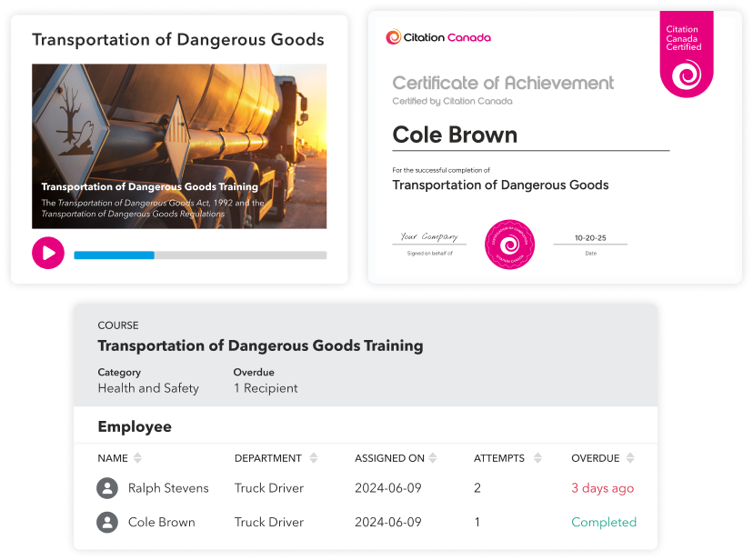 A media player, training certificate and employee training status bar for Transportation of Dangerous Goods training.