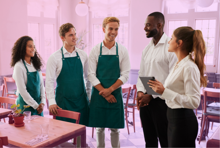 A group of five employees are discussing attendance management
