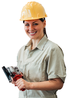 An employee is wearing a hard hat and operating machinery safely while smiling.