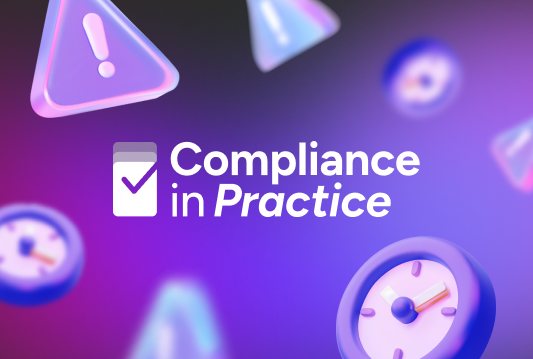 The blog post topic is employee terminations and absenteeism, and this image has white text that reads "compliance in practice" over top a purple background with white icons of clocks and warning signs.