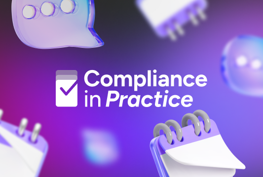 The words; Compliance in Practice, are written overtop of a purple background with white calendar and SMS text icons floating behind it. The blog is about the leave request and accommodation webinar replay.