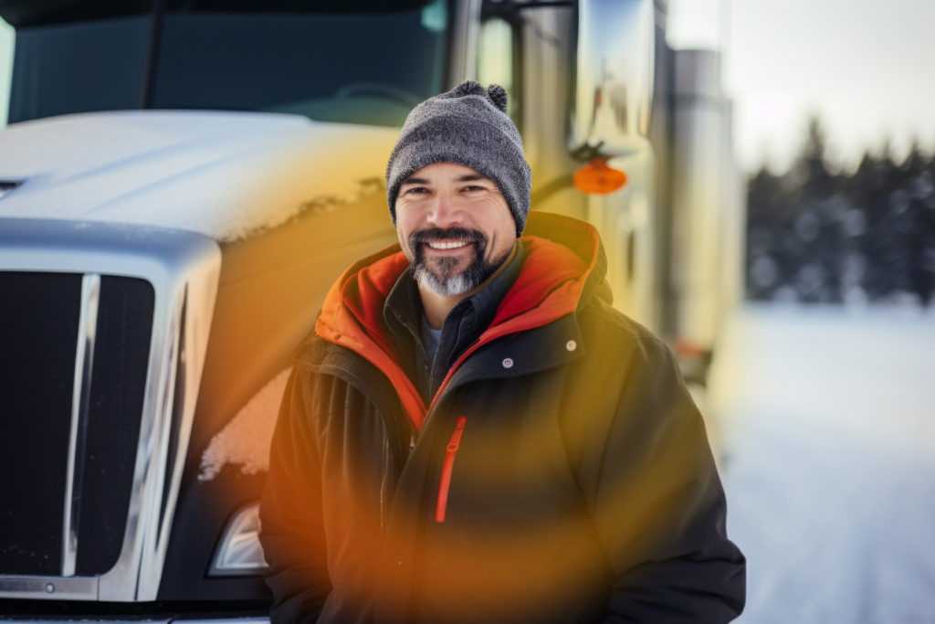 An employee si standing outside of a commercial truck, smiling, during the winter,