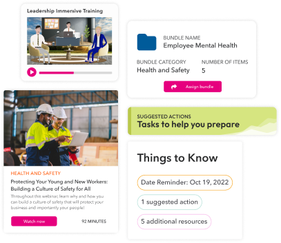 An array of screens from the Atlas platform, showcasing training, webinars and assigning tasks to employees.