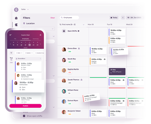 Atlas Scheduling dashboard showing shift calendar and open shift coverage on desktop and mobile