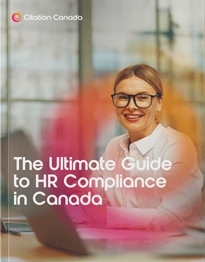 An employee is sitting at their desk with a laptop open. The title and Citation Canada Swirl logo is behind and around them.