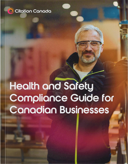The cover page for the guide. An employee is standing in a manufacturing facility, wearing safety glasses, smiling. An orange to pink gradient transparent swirl logo surrounds him and the title of the guide