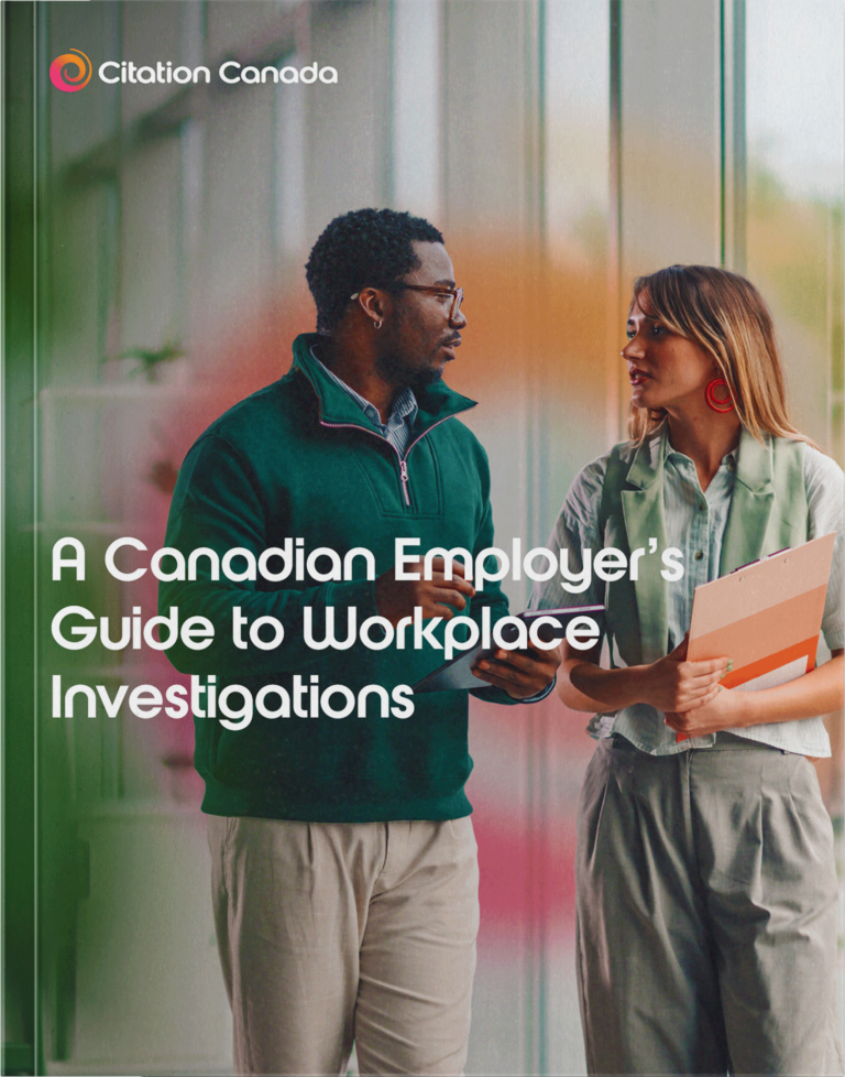 The cover page for the guide: Two employees are standing beside each other, smiling and talking. An orange to pink gradient transparent swirl logo surrounds the title of the guide: Citation Canada's Employers Guide to Workplace Investigations
