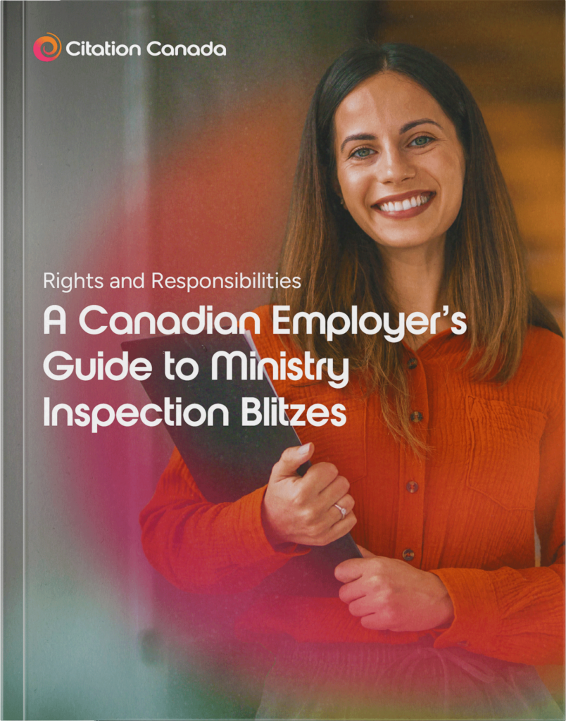 The cover page for the guide: A Canadian Employer's Guide to Ministry Inspection Blitzes. An employee is holding a clipboard and smiling while the Citation Canada swirl logo wraps around them.