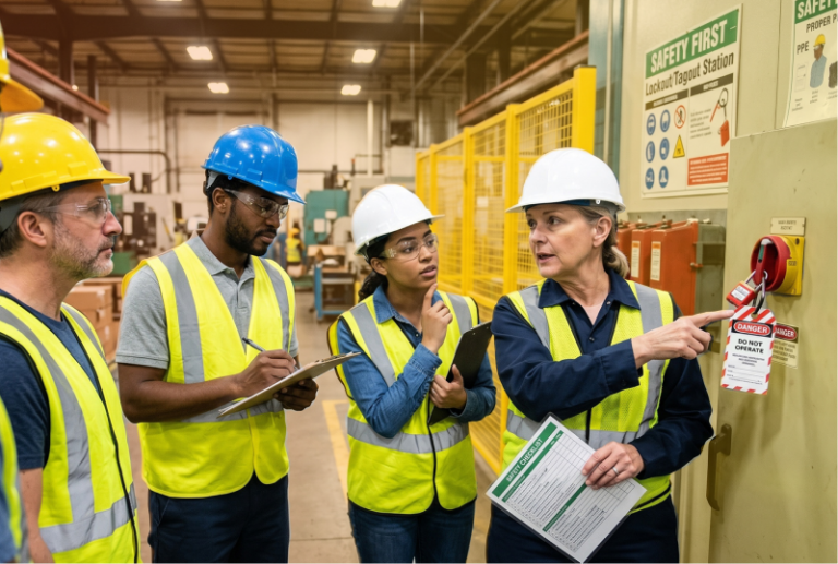 A health & safety rep is showing employees a lockout/tagout procedure on a piece of equipment