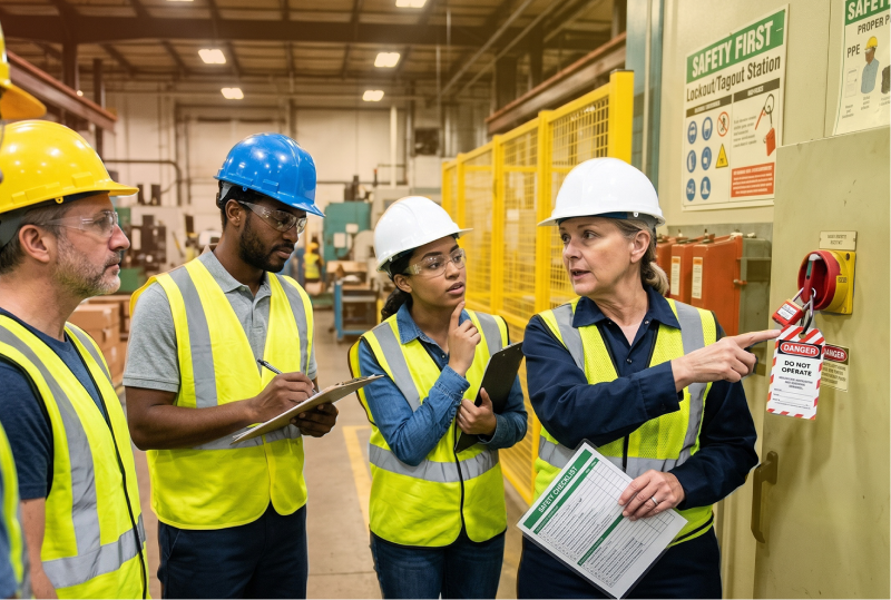 A health & safety rep is showing employees a lockout/tagout procedure on a piece of equipment